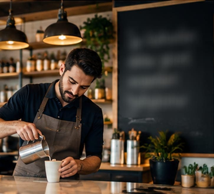 Bir kafenin tezgâhında sütü fincana döken önlüklü bir barista; sarkıt lambalar, raflar ve arkada kara tahta.