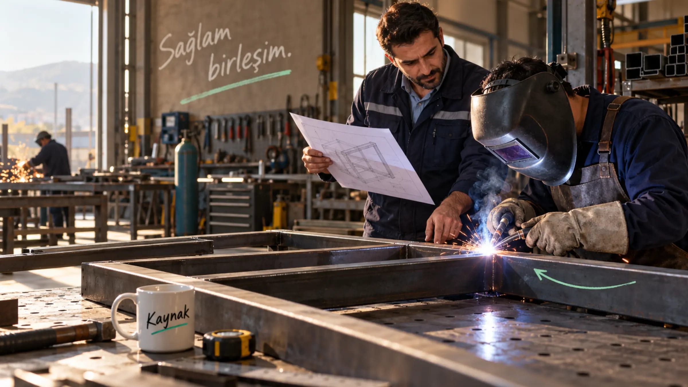Metal atölyesinde hassas kaynak yapan usta ve mühendis