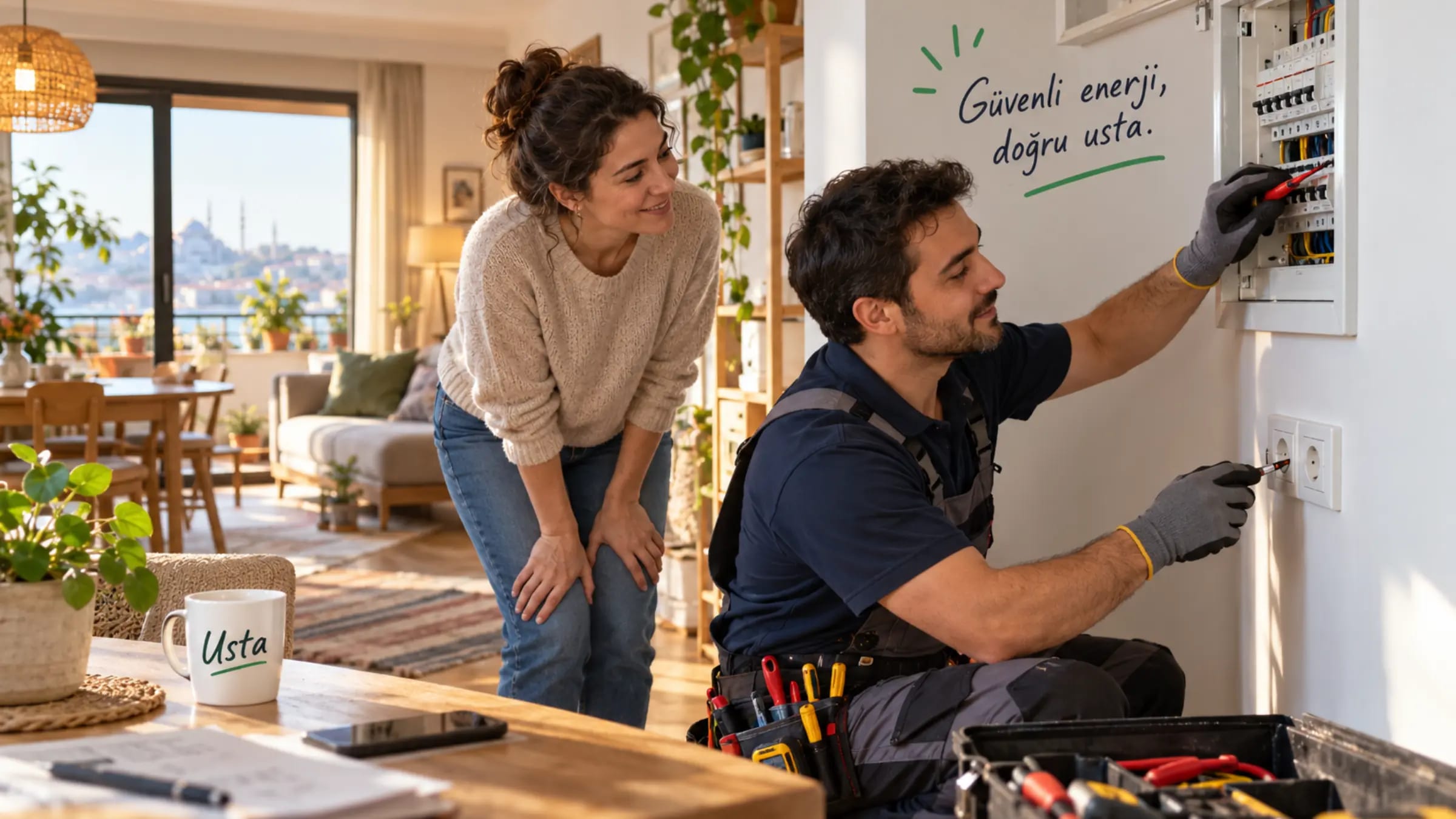 Evde sigorta panosu ve prizi kontrol eden elektrikçi