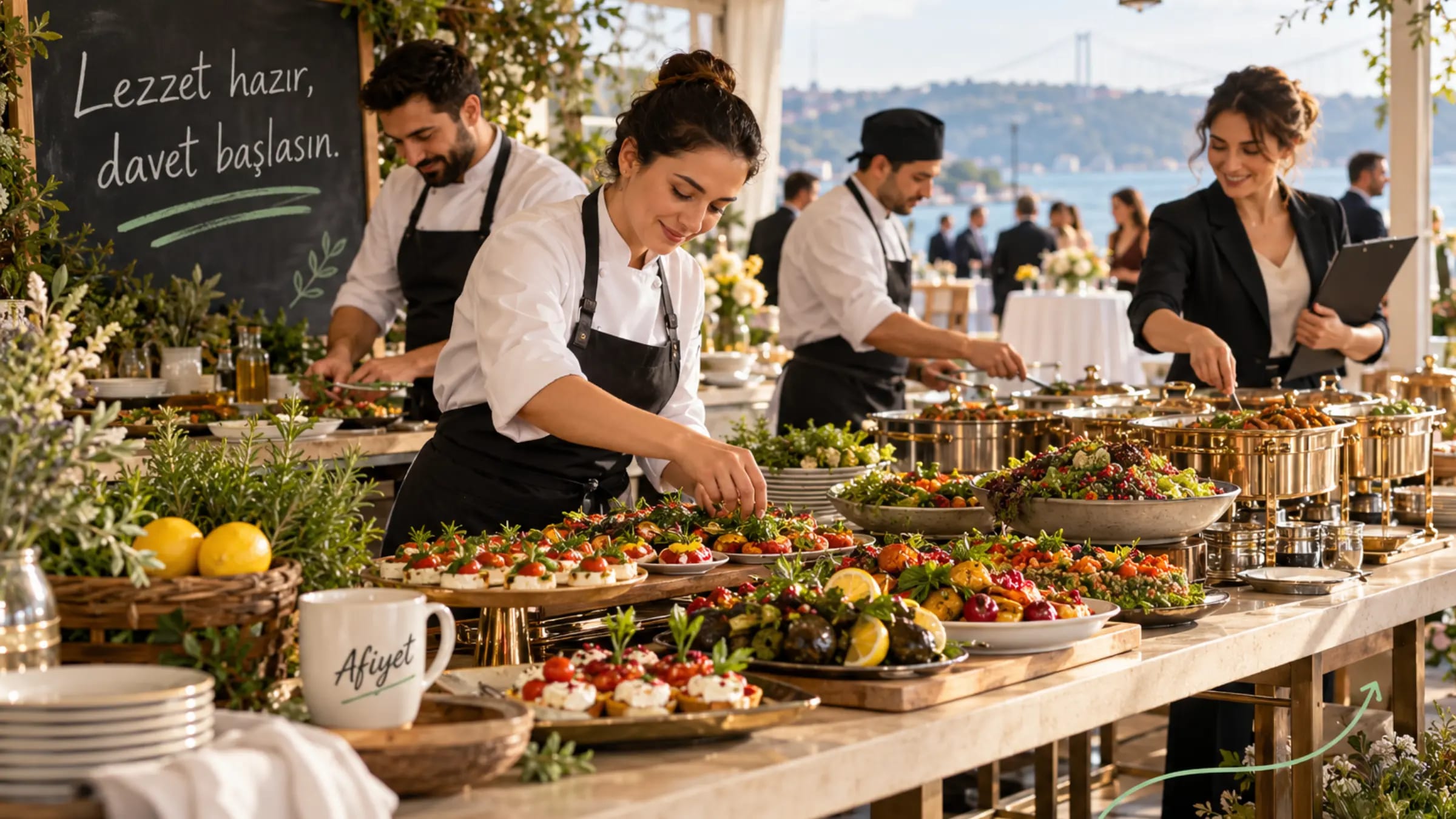 Davet büfesini taze yemeklerle hazırlayan catering ekibi ve etkinlik planlayıcısı