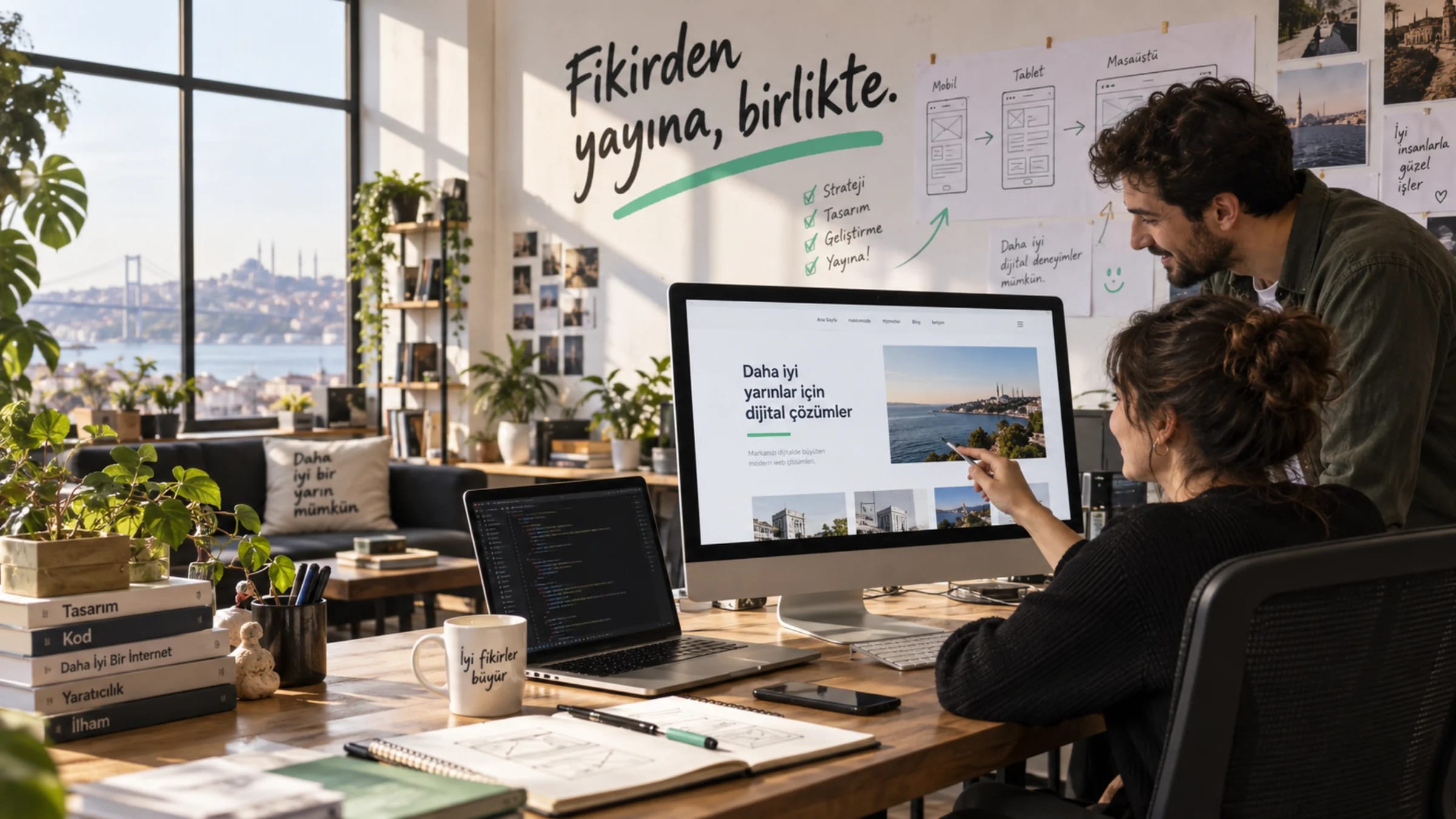 Web tasarım projesini birlikte geliştiren iki uzman